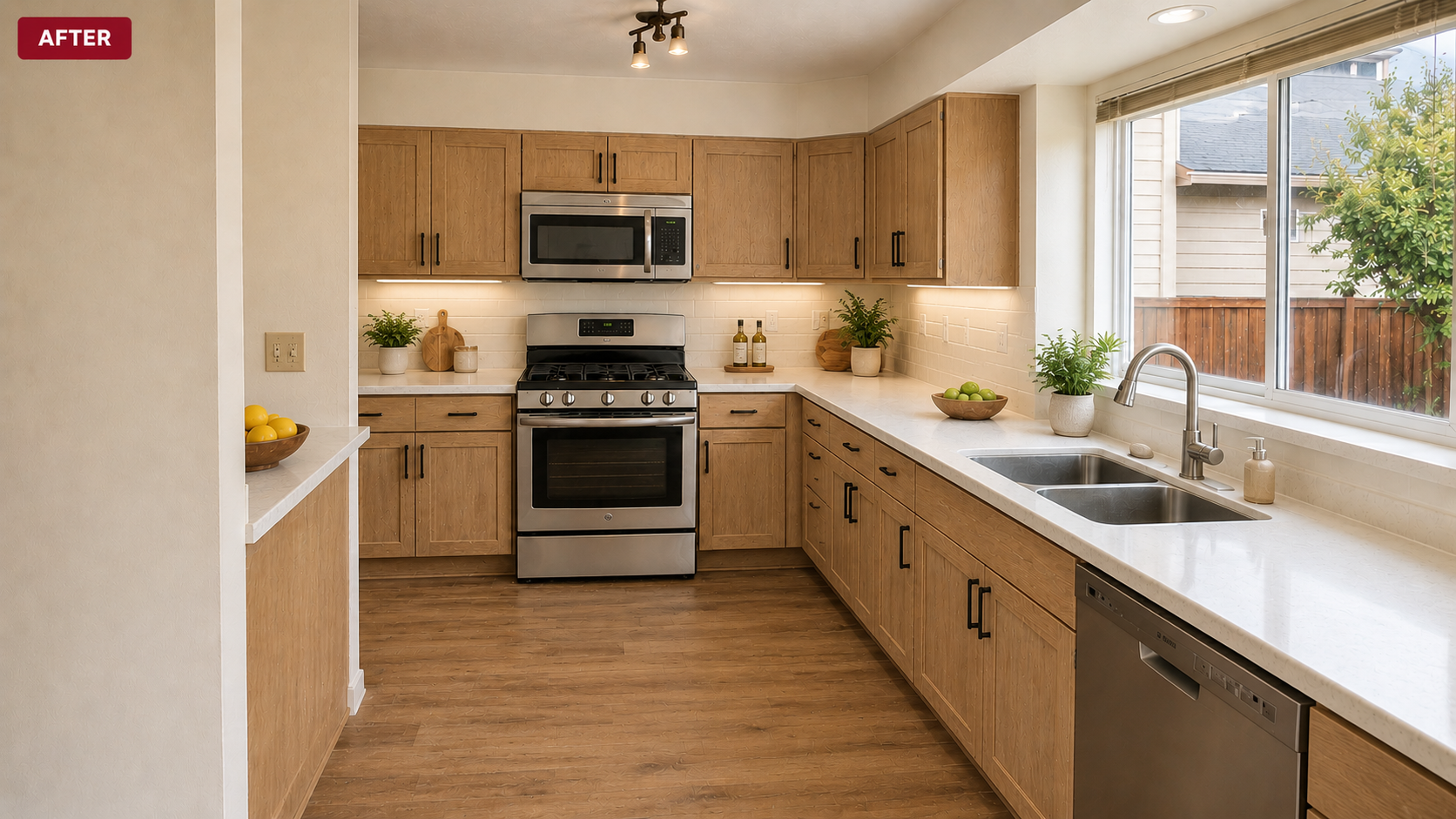 Remodeled kitchen with light wood cabinets, white countertops and modern fixtures
