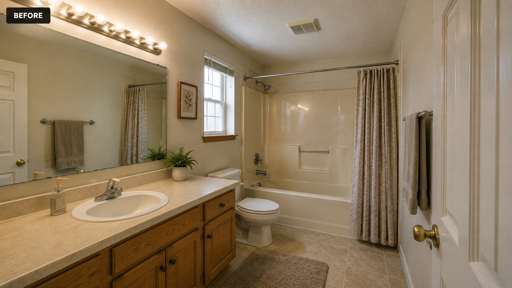Bathroom before remodeling with original vanity, fixtures, and tub surround