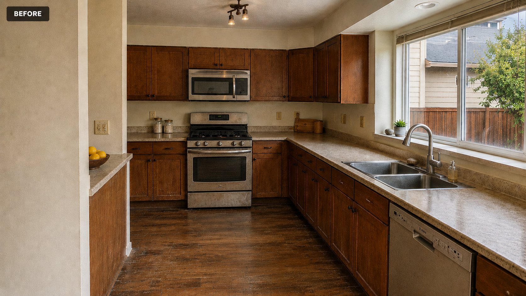 Kitchen before remodeling with dark wood cabinets and original countertops