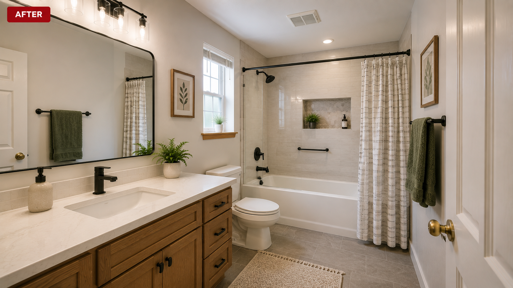 Remodeled bathroom with updated vanity, fixtures, tile, and lighting