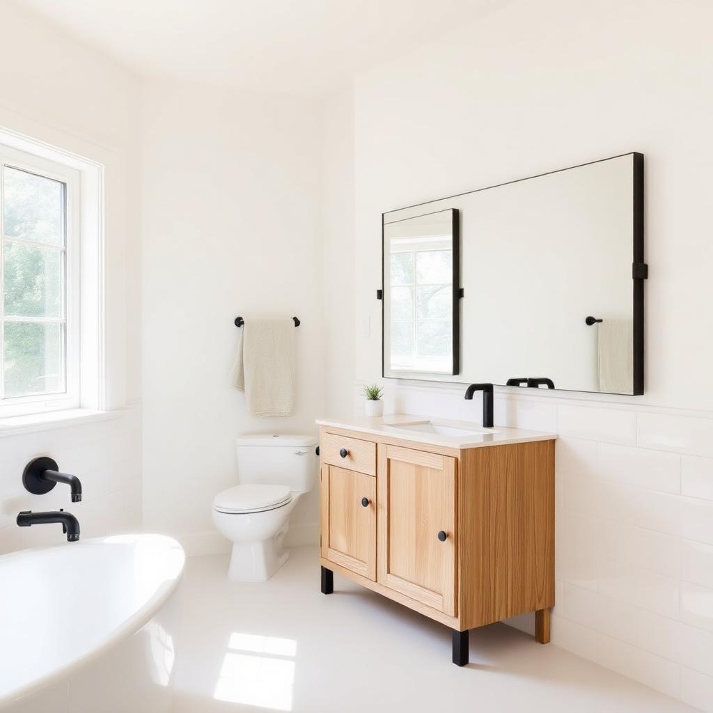 Remodeled bathroom with white oak vanity and tiled shower