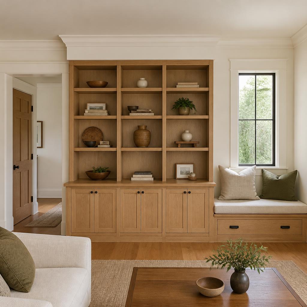 Custom white oak built-in shelving and window bench in a living room