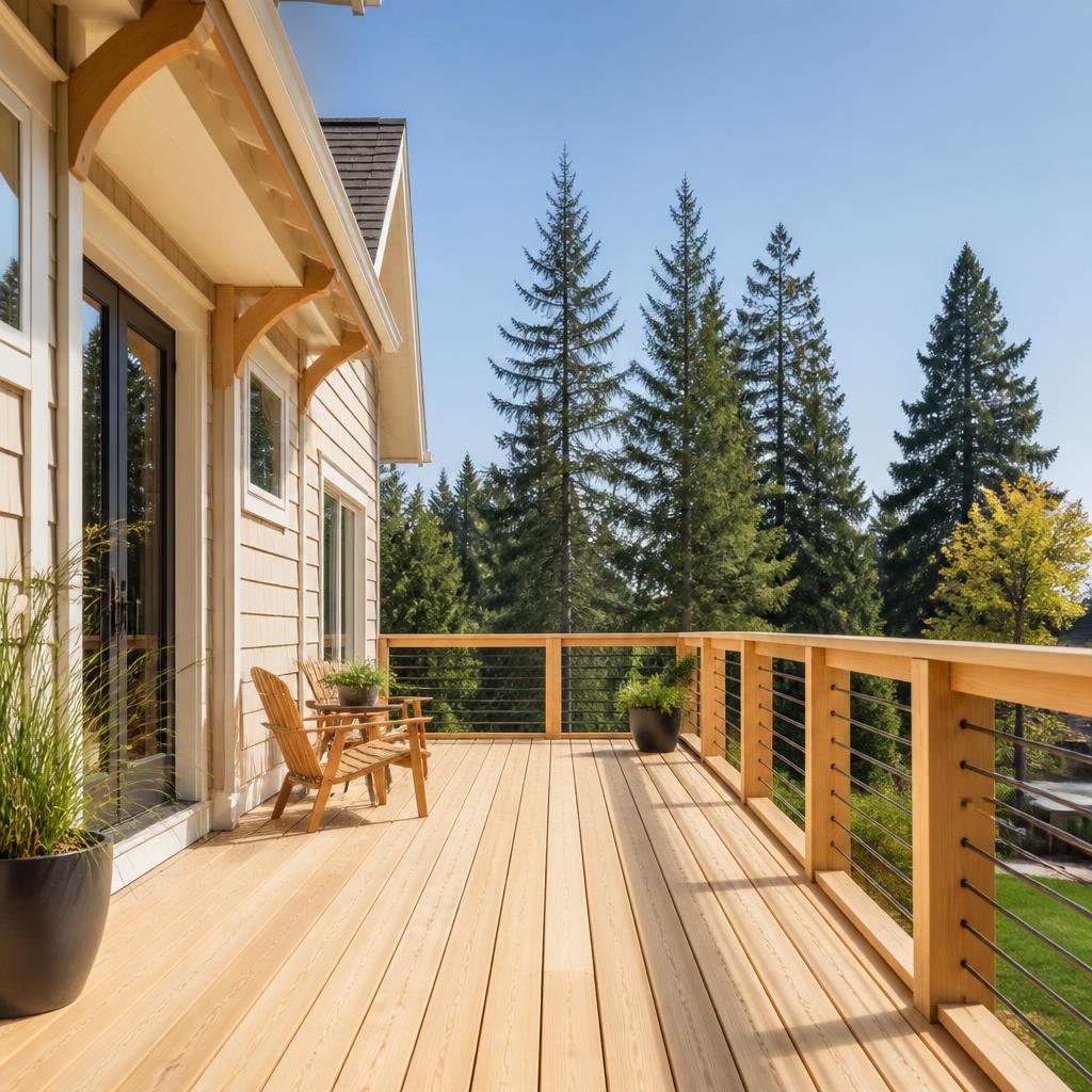 New cedar deck with cable railing overlooking evergreen trees