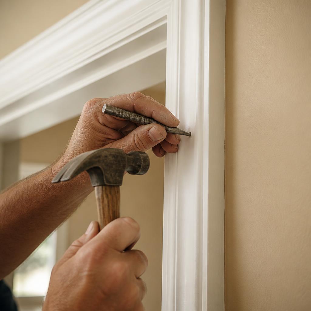 Carpenter setting a finish nail in freshly installed door trim