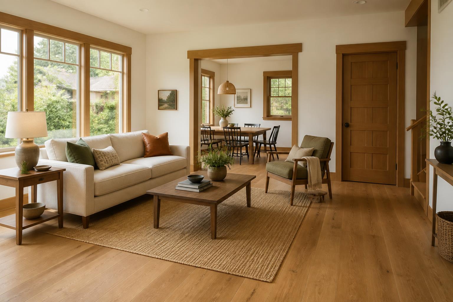 Warm Idaho living room with new oak flooring and craftsman trim
